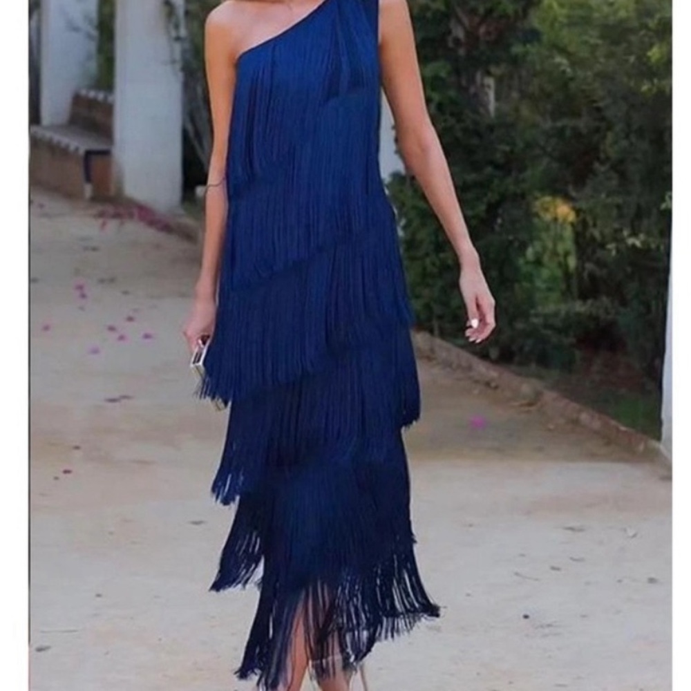 Nicoblu satin fringe dress. Well-made with great flow wedding worthy.